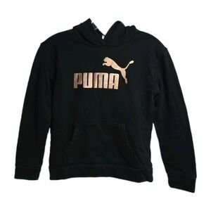Puma Hoodie Sweatshirt Girls Size L (12-14) Black Shiny Pink Logo Pocket